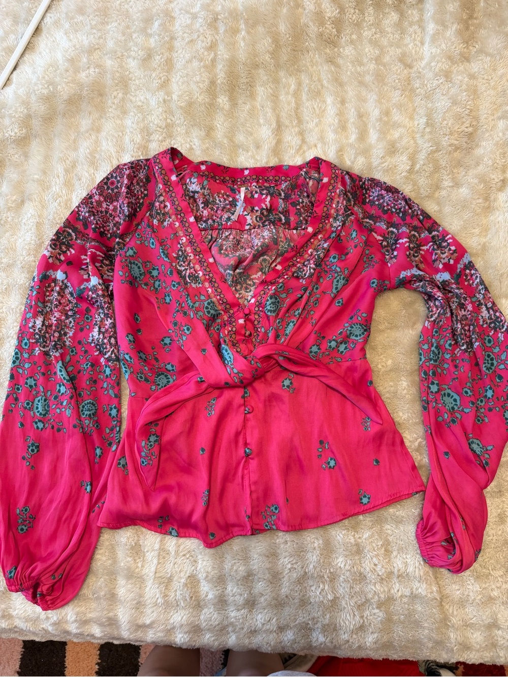 Free People Tie-Front Floral V-Neck Blouse in Bright Pink